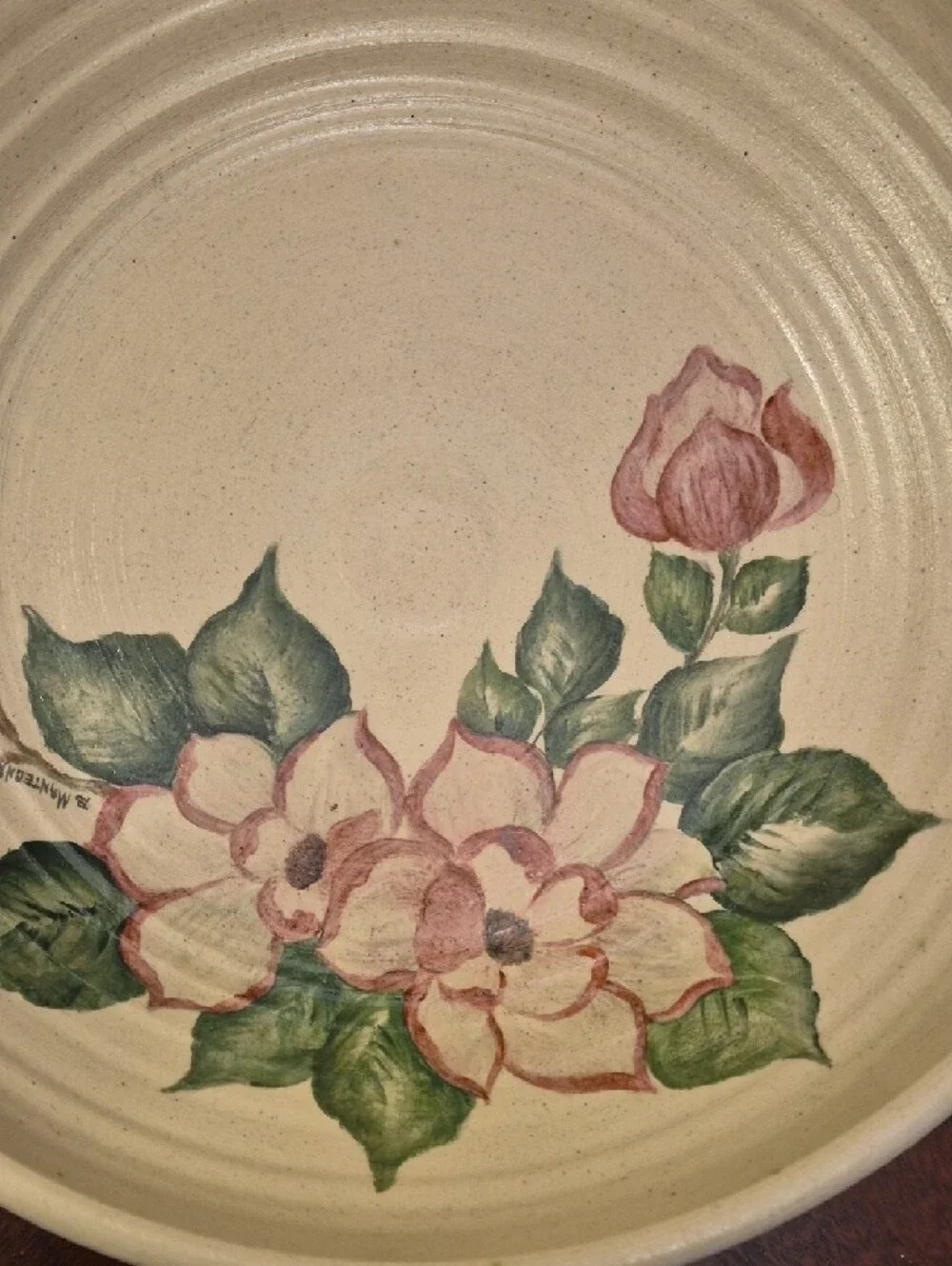 B. Mantegna Hand-Painted Floral‎ Mixing Bowl - Cream with Green and Pink Accents